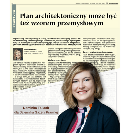 Czy projekt architektoniczny może być chroniony jako wzór przemysłowy?- Dominika Fallach dla Dziennik Gazeta Prawna.